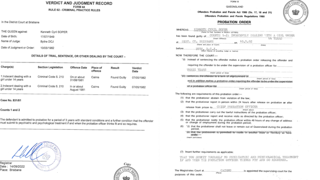 A copy of the conviction and a probation order against Ken Soper